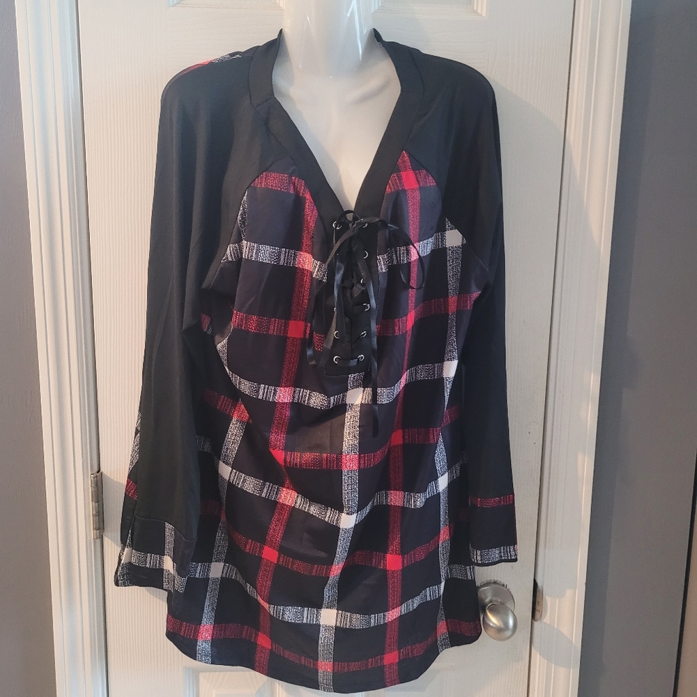 Plus Size Raglan Sleeve Checkered Tunic Shirt Size 16